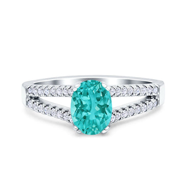 Split Shank Halo Oval Wedding Ring Simulated Paraiba Tourmaline CZ 925 Sterling Silver